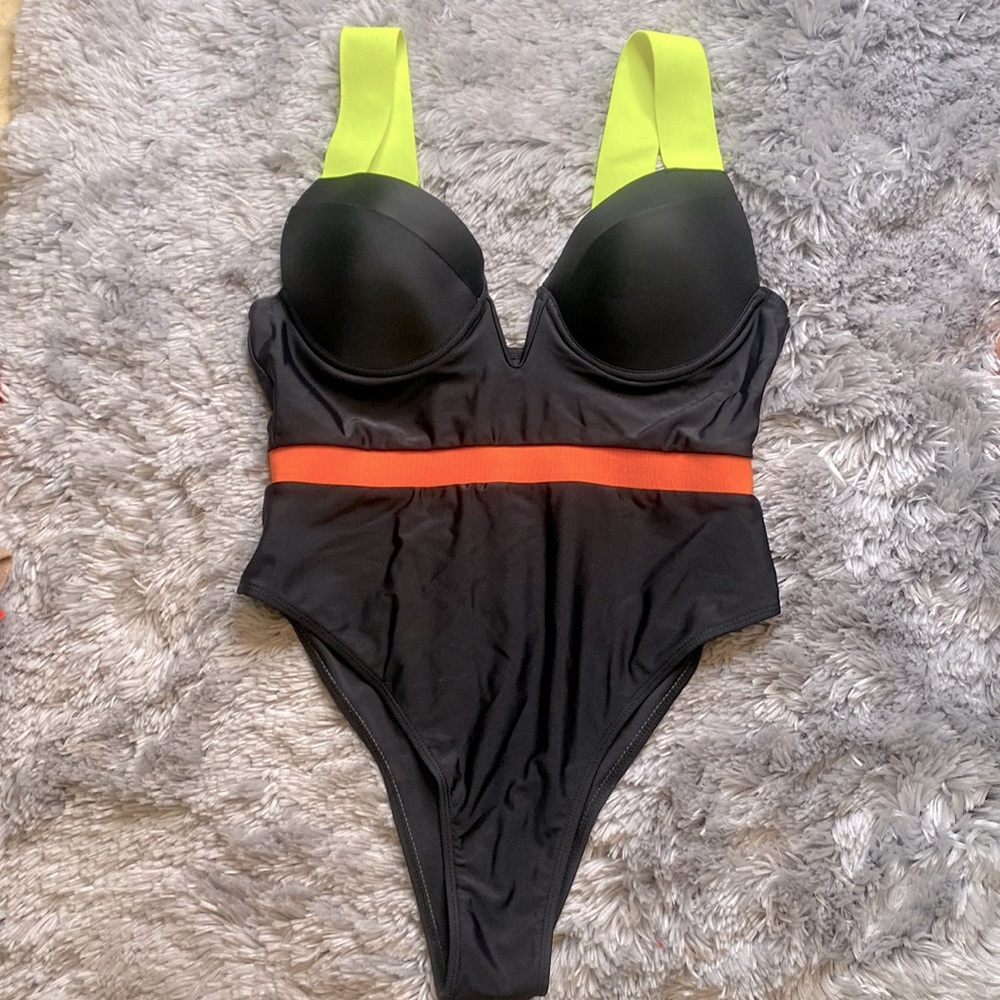 Shein Black Orange Neon Green Strap Swimsuit Size Large Excellent Condition